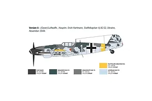 A digital illustration showing the side profile of a Messerschmitt Bf 109 G-6 fighter plane with camouflage paint and a color reference guide for model painting.