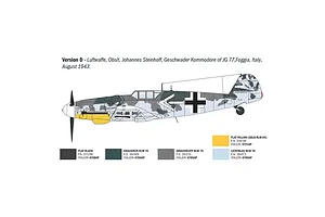 A digital painting of a Messerschmitt Bf 109 G-6 fighter plane in profile, showing camouflage patterns and paint color references for a model kit.