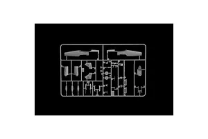 A grey plastic model kit sprue containing various aircraft parts for an Italeri Bf 109 G-6 model, including fuselage halves and cockpit components.