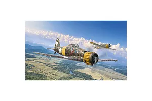 Box art illustration of two Macchi MC.200 Saetta fighter planes flying over a rural landscape under a blue sky with clouds.