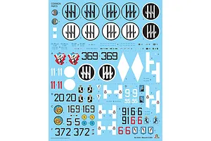 A sheet of waterslide decals for the Italeri 1/32 Macchi MC.200 Saetta model kit, featuring various national insignias, squadron markings, and numbers.