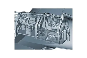 A 3D digital render of a detailed aircraft cockpit interior, showing the pilot seat, control stick, and instrument panel for a model kit.