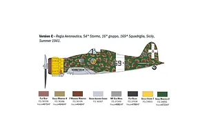 A digital illustration of a Macchi MC.200 Saetta fighter plane in camouflage livery, with a color paint guide below for the Italeri model kit.