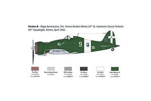 A digital profile view illustration of a Macchi MC.200 Saetta fighter plane in green and white livery, with a paint color guide below.