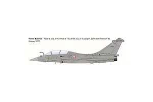 A side-profile digital illustration of a grey Rafale B fighter jet with French Air Force markings, labeled as Version A.