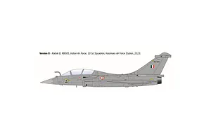A digital side-profile illustration of a Dassault Rafale B jet in Indian Air Force livery, labeled as Version B.
