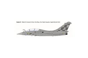 A side-profile digital illustration of a Rafale B fighter jet in Croatian Air Force livery, featuring a checkered tail pattern.
