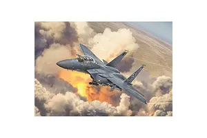 An artistic illustration of an F-15E Strike Eagle jet fighter flying through clouds above a desert landscape.