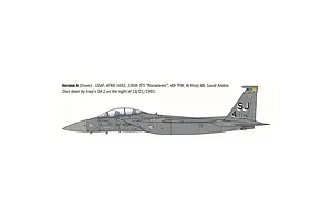A side-profile illustration of an F-15E Strike Eagle jet fighter in grey livery with USAF markings, labeled as Version A.