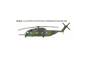A side-profile digital illustration of a US Air Force HH-53C helicopter in camouflage livery, labeled as Version B for the Italeri model kit.