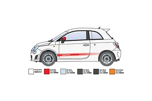 A side-profile digital illustration of a white Fiat 500 Abarth with red racing stripes, accompanied by a paint color reference guide at the bottom.