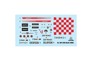 A decal sheet for an Italeri 1/24 scale Fiat 500 Abarth model kit, featuring Abarth logos, racing stripes, license plates, and a red and white checkered pattern.