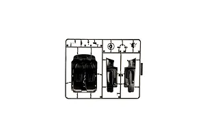A black plastic model kit sprue containing interior parts for a 1/24 scale Fiat 500 Abarth model car.