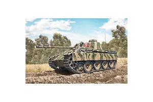 Box art illustration of a German Panther Ausf. D tank in camouflage, featuring the number 521 on the turret, positioned in a muddy field.
