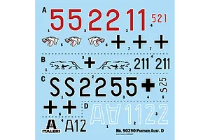 A decal sheet for the Italeri 1/35 Pz. Kpfw. V Panther Ausf. D model kit, featuring various numbers, German crosses, and panther emblems.