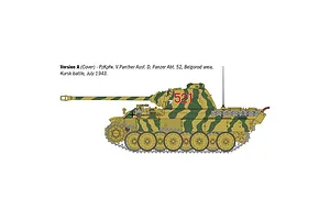 A side-profile digital illustration of a Pz.Kpfw. V Panther Ausf. D tank with a green and tan camouflage pattern, marked with the number 521.