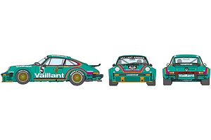 A digital illustration showing the side, front, and rear views of a teal Porsche 934 Turbo RSR Vaillant race car with racing decals.