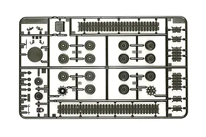 A dark green plastic sprue frame labeled A containing various tank model parts including road wheels, track links, and sprockets.
