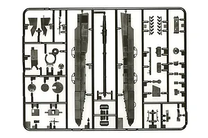 A plastic model kit sprue for a Tamiya 1/48 scale Leopard 2 A7V tank, featuring various grey plastic parts attached to a frame.