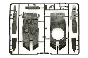 A plastic model kit sprue containing various dark grey tank hull and turret parts for a 1/48 scale Leopard 2 A7V model.