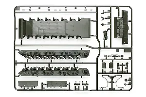 A dark green plastic sprue frame D from a Tamiya 1/48 scale Leopard 2 A7V model kit, showing various tank hull and suspension parts.
