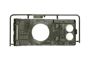 A dark green plastic sprue containing the upper hull section for a 1/48 scale Tamiya Leopard 2 A7V model tank kit.