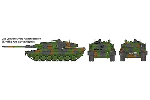 Technical illustration showing side, front, and rear views of a Leopard 2 A7V tank in camouflage with 2nd Company, 393rd Panzer Battalion markings.