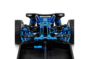 Close-up of a blue anodized aluminium steering post mount installed on an RC car chassis.