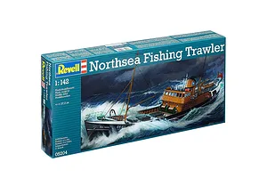 Revell 1/142 scale Northsea Fishing Trawler plastic model kit box showing an illustration of a ship in rough seas.