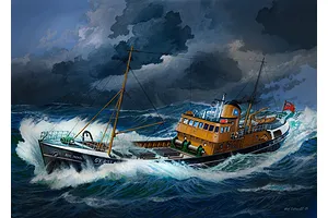 An artistic illustration of the Ross Jackal Northsea fishing trawler navigating through rough, stormy seas under a dark, cloudy sky.