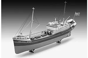 A completed Revell 1/142 scale plastic model of the Northsea Fishing Trawler Ross Jackal GY.637, displayed on a stand against a grey gradient background.