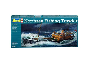 Revell 1/142 scale Northsea Fishing Trawler plastic model kit box showing an illustration of the ship in rough seas.