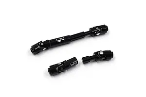 Three black aluminium RC centre driveshafts with universal joints, featuring the Yeah Racing logo, isolated on a white background.