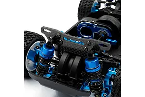 A close-up of an RC car front end featuring a carbon fibre shock tower, blue anodized aluminum shock absorbers, and various mounting hardware.