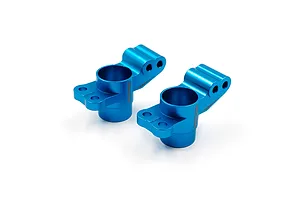 Two blue anodized aluminium RC rear hub carriers by Yeah Racing on a white background.