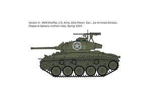 A side-profile illustration of an M24 Chaffee light tank in olive drab with a white star insignia and the number 9 on the turret.