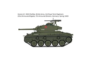 A digital illustration showing the side profile of an M24 Chaffee light tank in olive drab livery with British Army markings.