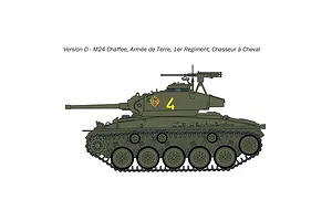 A side-profile illustration of an M24 Chaffee tank in olive green, marked with the number 4 and a French military emblem.