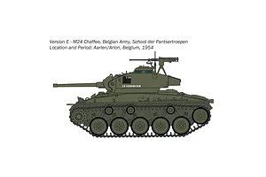 A side-profile digital illustration of an M24 Chaffee tank in olive green, showing markings for the Belgian Army in 1954.