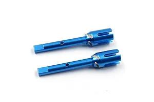 Two blue anodized aluminium RC outdrive cups positioned diagonally against a white background.