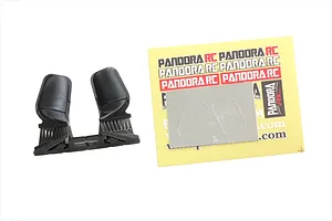 A pair of black plastic RC car side mirrors for an AE86 model, accompanied by a small sheet of silver mirror stickers and a Pandora RC decal sheet.
