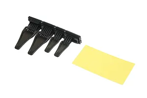 Four black plastic NACA duct accessories for RC car bodies, with a small sheet of adhesive backing tape on a white background.
