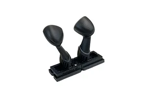 A pair of black 1/10 scale RC fender mirrors by Pandora RC, attached to a black plastic mounting base against a white background.