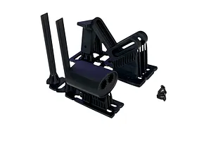 A black 3D-printed RC car dual muffler set with mounting brackets and small screws on a white background.