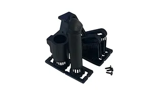 Black plastic RC car muffler parts and small mounting screws on a white background.