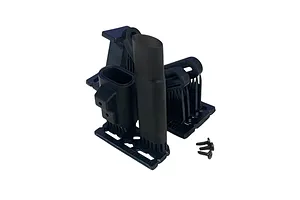A black plastic RC car over muffler accessory with mounting brackets and small screws on a white background.