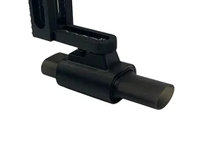 A black RC car exhaust muffler accessory with an adjustable mounting bracket against a white background.