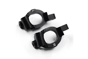 A pair of black anodized aluminium RC steering hubs marked with L and R for left and right orientation.