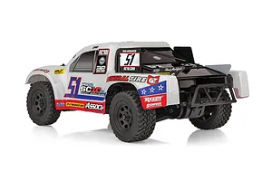 Rear three-quarter view of a white Team Associated Pro2 SC10sw RC short course truck with black wheels and racing decals on a white background.