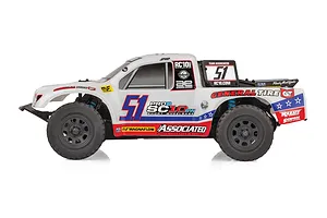 Side view of the Team Associated Pro2 SC10sw RC short course truck in white with number 51 livery and General Tire branding.
